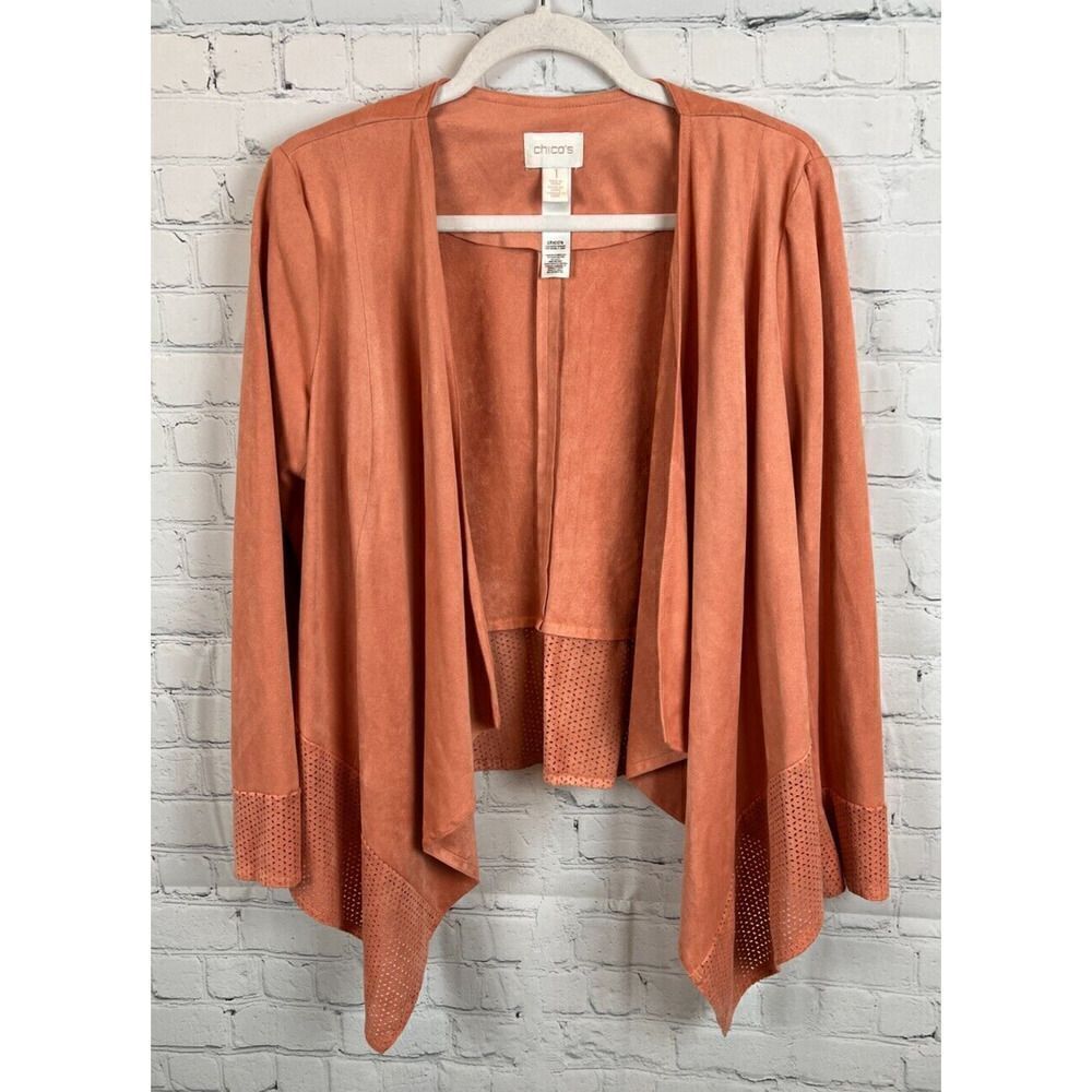 CHICO'S perforated faux suede orange peach open front draped jacket 1 (M) NWOT